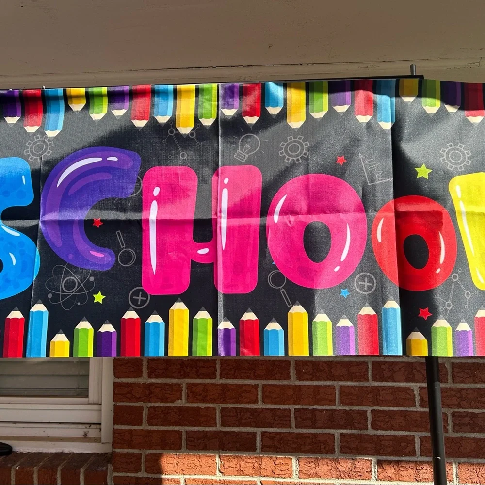 Gnome “ Back to School” banner, 7 ft x2 ft, black, yellow, red, blue